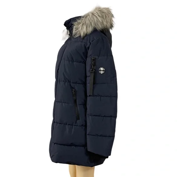 Nautica Navy Blue Puffer Mid Length Jacket Removable Faux Fur Hooded Ski Coat L - Picture 3 of 10